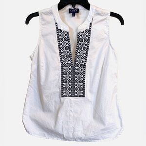 Chaps Sleeveless Top Small White Navy Blue Embroidered Cotton Boho Tank